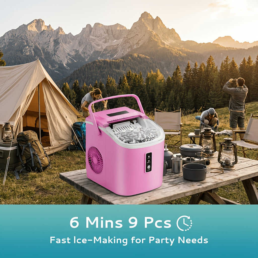 Carry-Handle Countertop Ice Maker with Bullet or Nugget Ice Option Labels, Self-Cleaning Wording, Basket and Scoop for Kitchen and Office Drink Preparation
