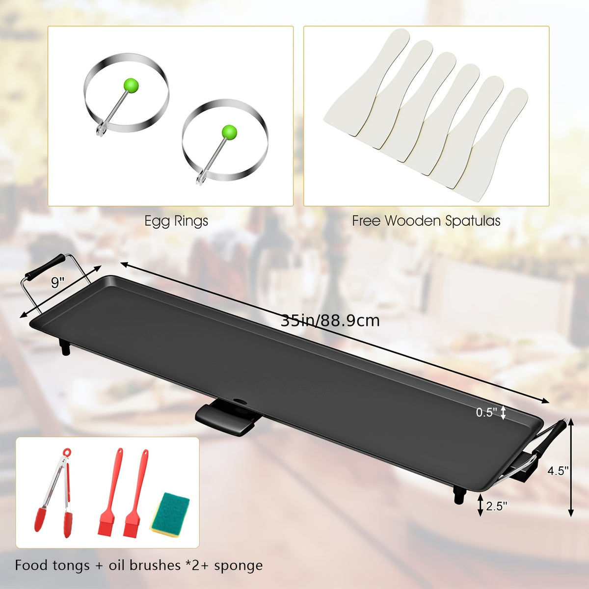 Electric Griddle 35-Inch Extra-Long Nonstick Grill with Adjustable Temperature and Drip Tray for Pancakes, Steaks and Family Meals, Gift Bag Included