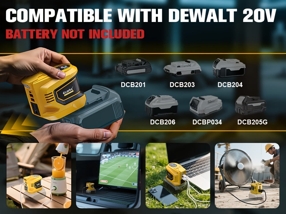 20V Battery Power Inverter by Ecarke for Compatible DeWalt Batteries, 200W and 550W Option Labels with Listed AC and USB Outputs, Battery Not Included