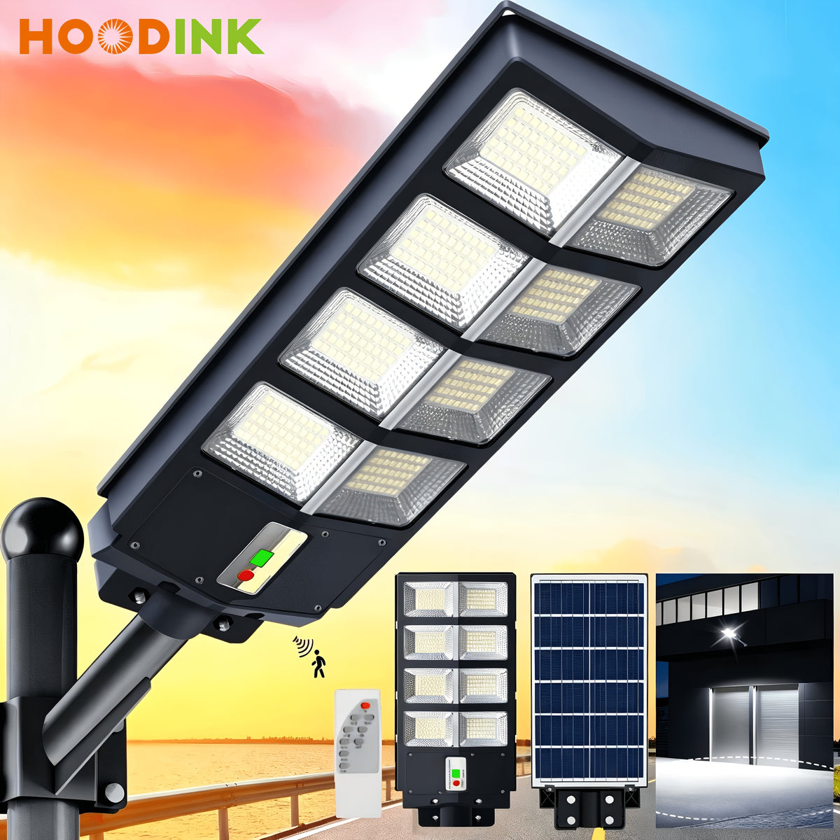 Solar Street Light with Motion Sensor and Remote Control, Matte Black Single-Pack 270, 360 or 800 LED Options with 6500K and Three Lighting Mode References
