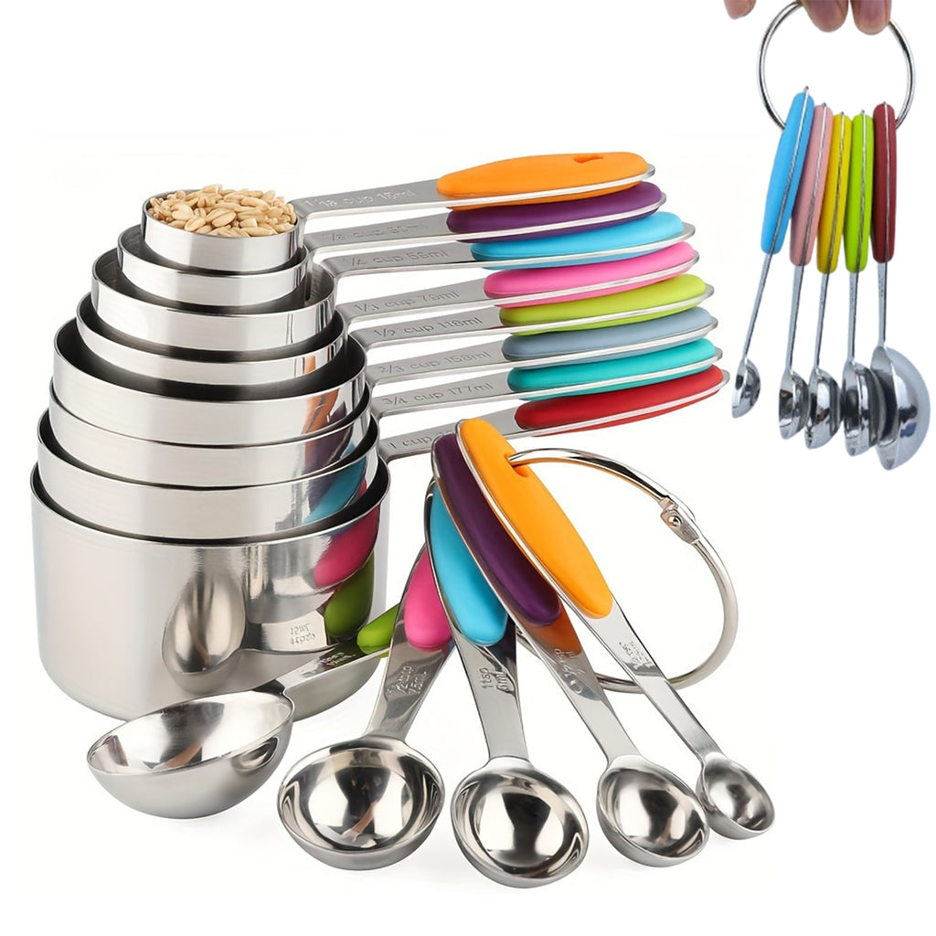 Stainless Steel Measuring Spoon Set with Silicone Handles, Five-Piece Kitchen Measuring Tools in Random Colors for Everyday Home Cooking and Baking Prep