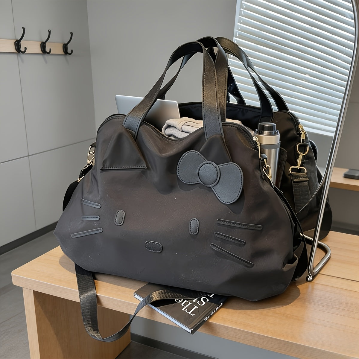 Bow Decorated Nylon Tote Bag with Hello Kitty Theme, Shoulder and Crossbody Carry for Daily Commutes, Gym Visits and Weekend Travel