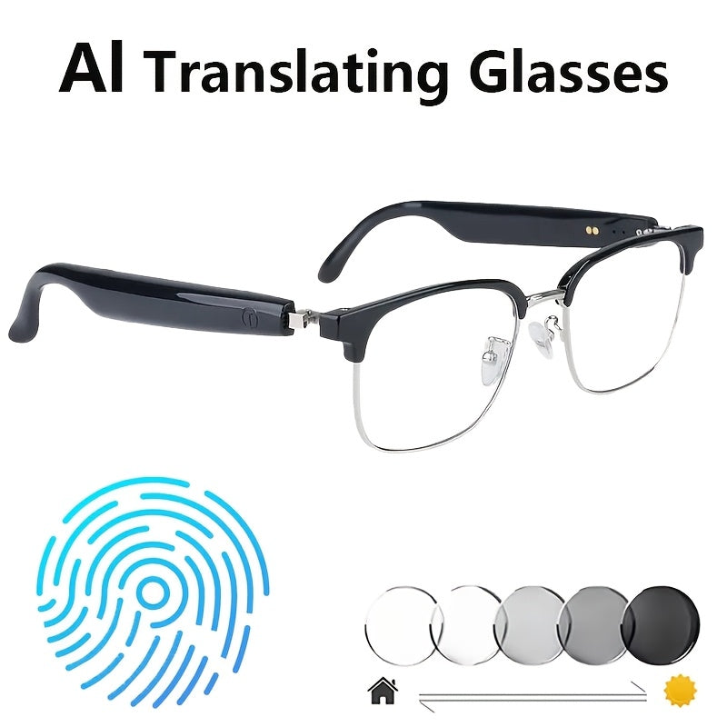 AI Translation Audio Glasses with Listed 130+ Language Support, Built-In Microphone and Speaker, Voice Calling and Color-Changing Lens Wording in Three Frame Styles