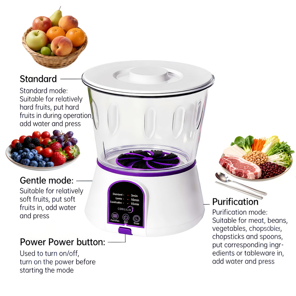 Fruit and Vegetable Cleaning Machine with Three Listed Function Modes, Single or Dual Battery Options for Household Produce Preparation Routines