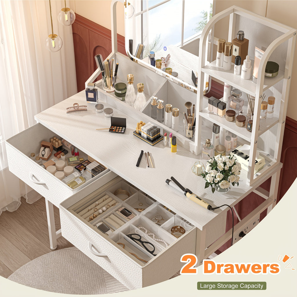 Black Vanity Desk with Lighted Mirror and Five Fabric Drawers, Three Lighting Modes, Adjustable Brightness and Listed Power Outlet for Bedroom Makeup Storage