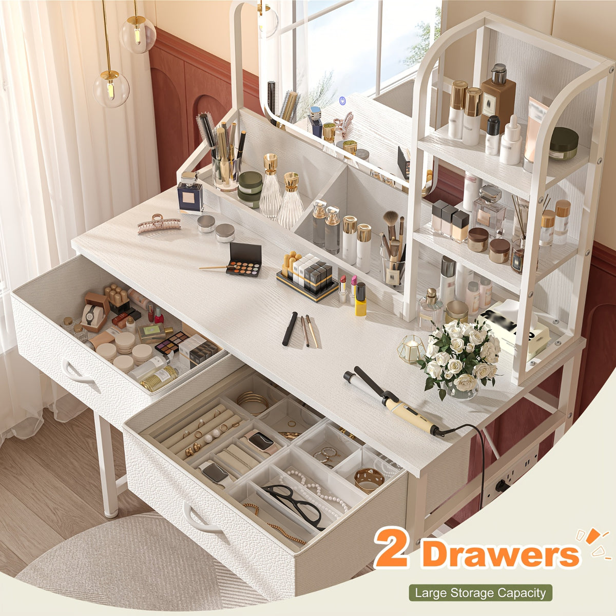 Black Vanity Desk with Lighted Mirror and Five Fabric Drawers, Three Lighting Modes, Adjustable Brightness and Listed Power Outlet for Bedroom Makeup Storage