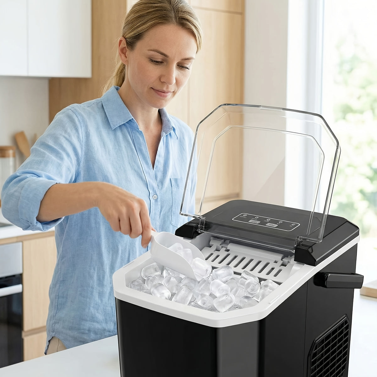 Tabletop Bullet Ice Maker with Water Level Window, Automatic Cleaning, Basket and Scoop, Listed 22lb or 26lb Model Options for Kitchen Drinks and Parties