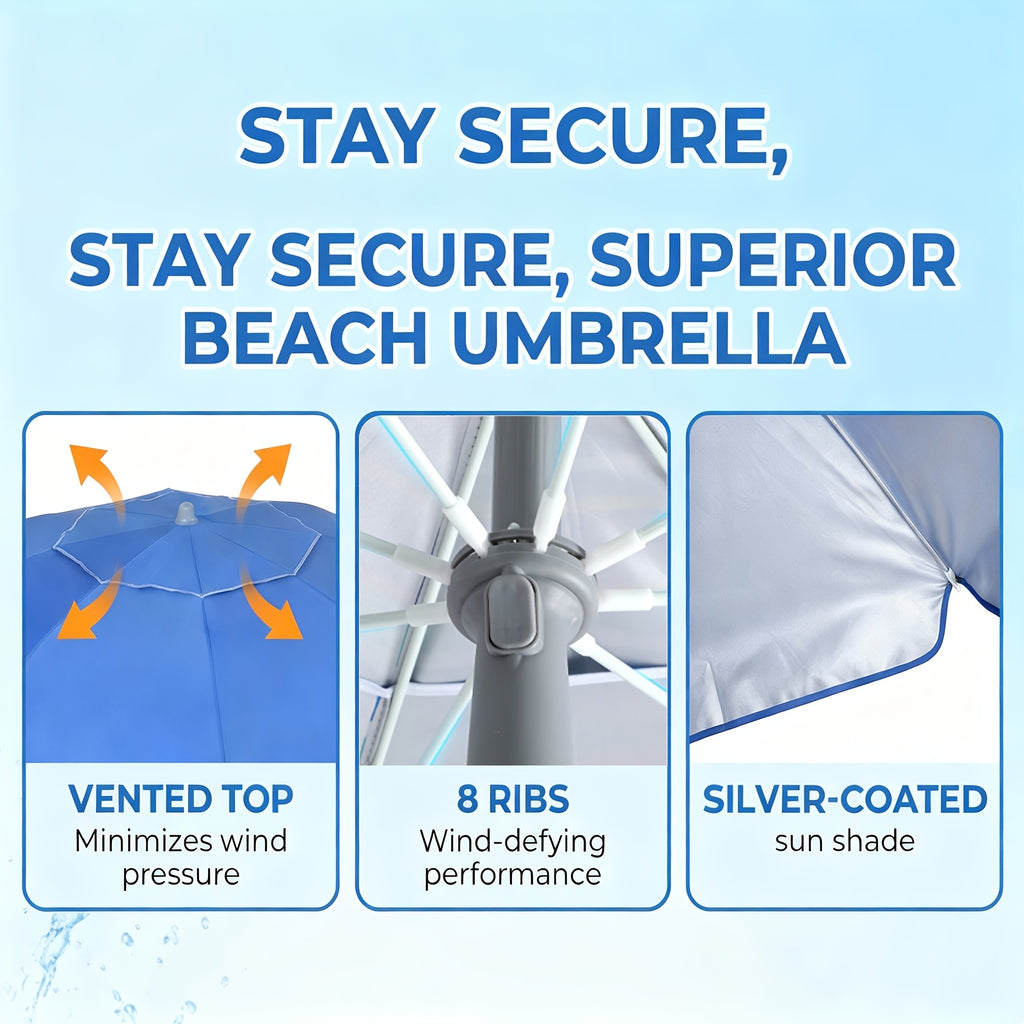 7ft Beach Umbrella with Sand Anchor and Tilt Adjustment, Vented Oxford Cloth Canopy with Fiberglass Ribs in Solid Blue, Baby Blue Stripes or Dark Blue Stripes