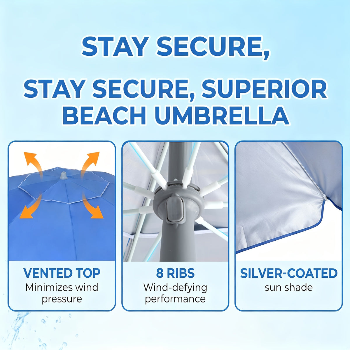 7ft Beach Umbrella with Sand Anchor and Tilt Adjustment, Vented Oxford Cloth Canopy with Fiberglass Ribs in Solid Blue, Baby Blue Stripes or Dark Blue Stripes