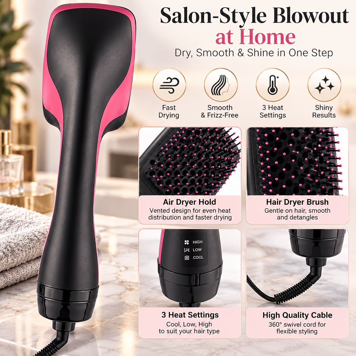 4-in-1 Hair Straightener Brush for Straightening, Curling, Volumizing and Drying, One-Step Blowout Styler with 2 Hair Clips and Rat-Tail Comb
