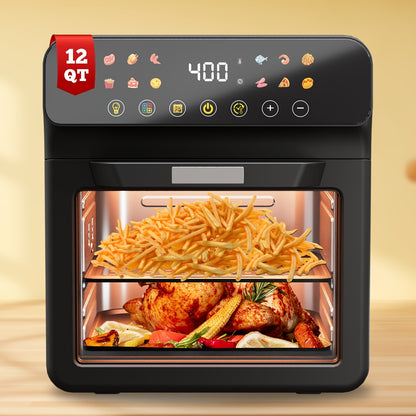 Air Fryer Oven with Listed 12-Quart Capacity, 12 One-Touch Presets, Viewing Window, Interior Light and Two Baking Pans in White or Black for Home Cooking