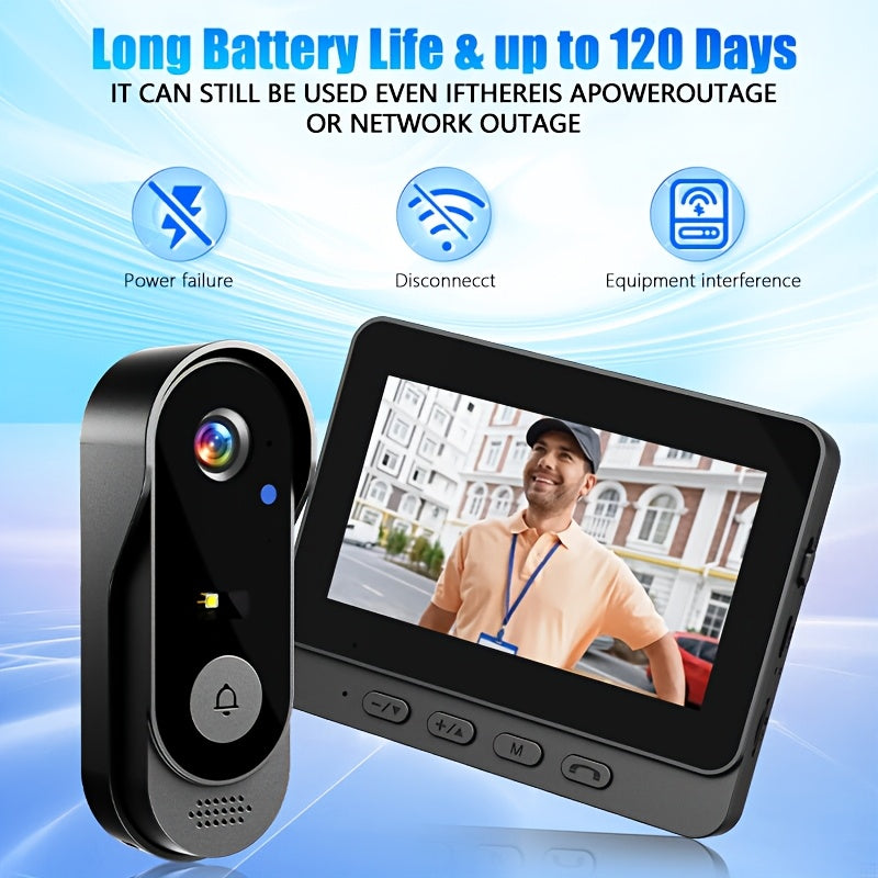 Wireless Video Doorbell Set with Listed 4.3-Inch Display, No-WiFi No-App Connection, Two-Way Intercom and SD Card Support for Home Visitor Viewing