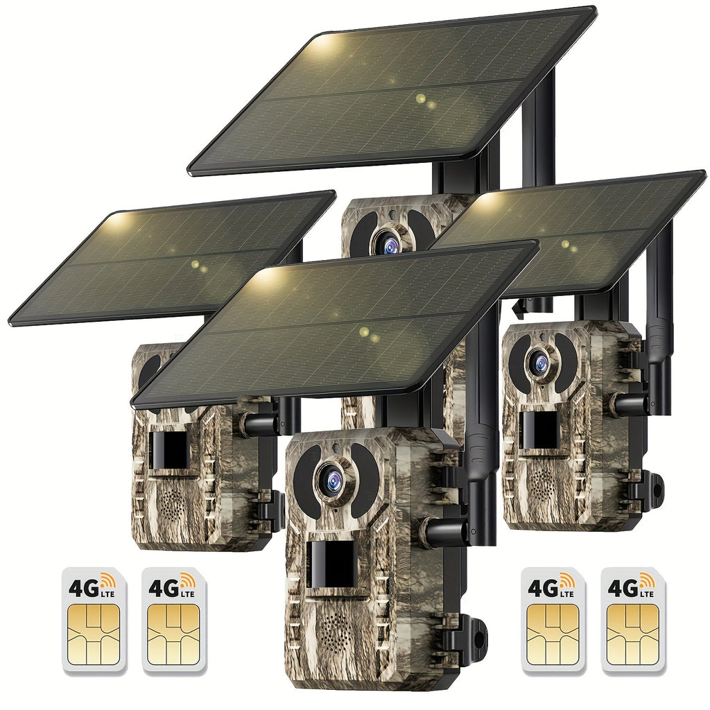 4G LTE Trail Camera with Solar Panel and SIM Card, HD Live View, 0.2s Motion Trigger and Low-Glow Night Vision for Wildlife, One to Three Camera Options