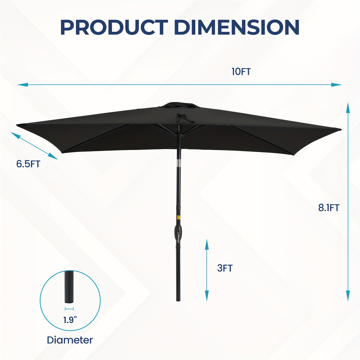 Rectangular Patio Umbrella with Listed 6.5 x 10 ft Polyester Canopy, Aluminum Pole, Crank and Six Steel Ribs in Blue, Black, Grey, Khaki or Red for Outdoor Tables