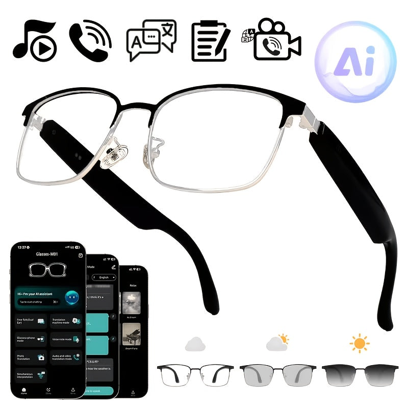 AI Translation Audio Glasses with Listed 130+ Language Support, Built-In Microphone and Speaker, Voice Calling and Color-Changing Lens Wording in Three Frame Styles