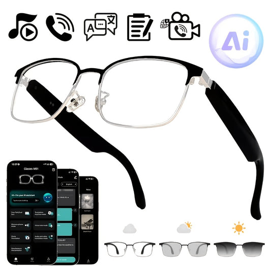 AI Translation Audio Glasses with Listed 130+ Language Support, Built-In Microphone and Speaker, Voice Calling and Color-Changing Lens Wording in Three Frame Styles