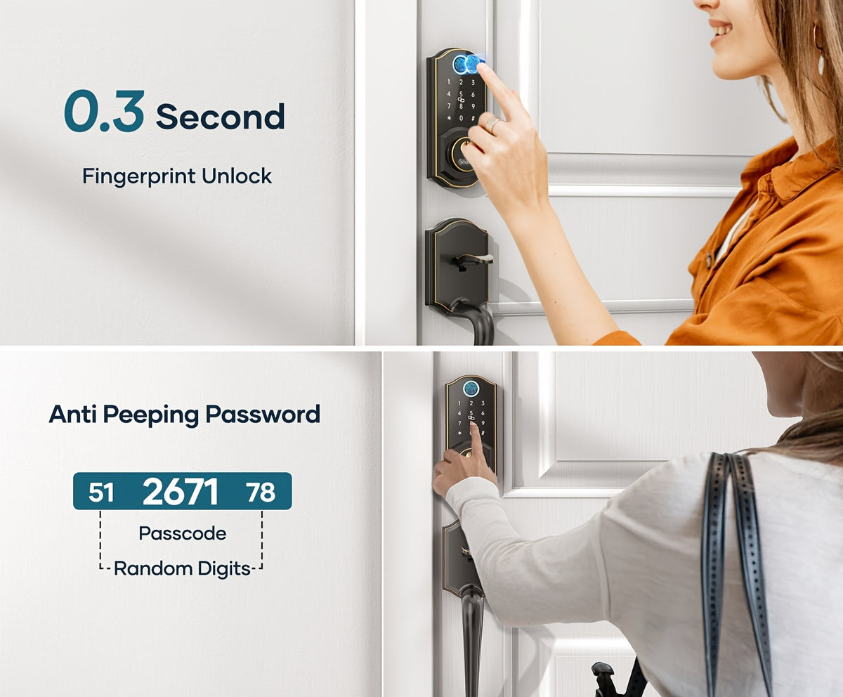 SMONET Fingerprint Deadbolt and Handle Set with Bluetooth, Digital Keypad, Phone App and Auto-Lock Wording, Black, Silvery or Oil Rubbed Bronze Options