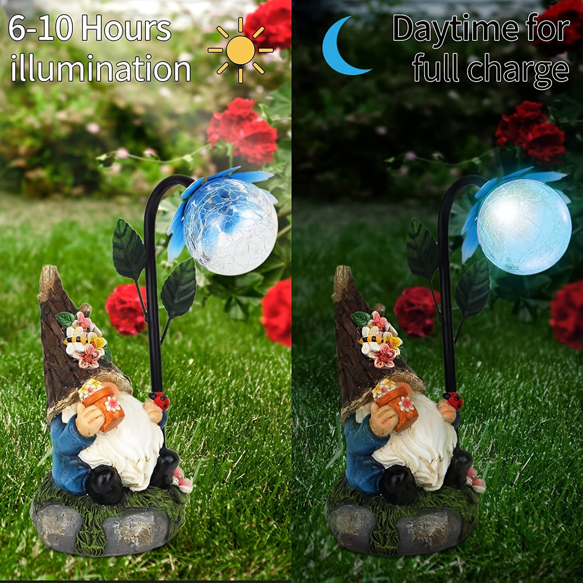 Solar Garden Gnome Statue with Colorful Gradient LED Light, Red or Blue Decorative Ornament for Patio, Balcony, Flower Bed and Yard Gift Displays