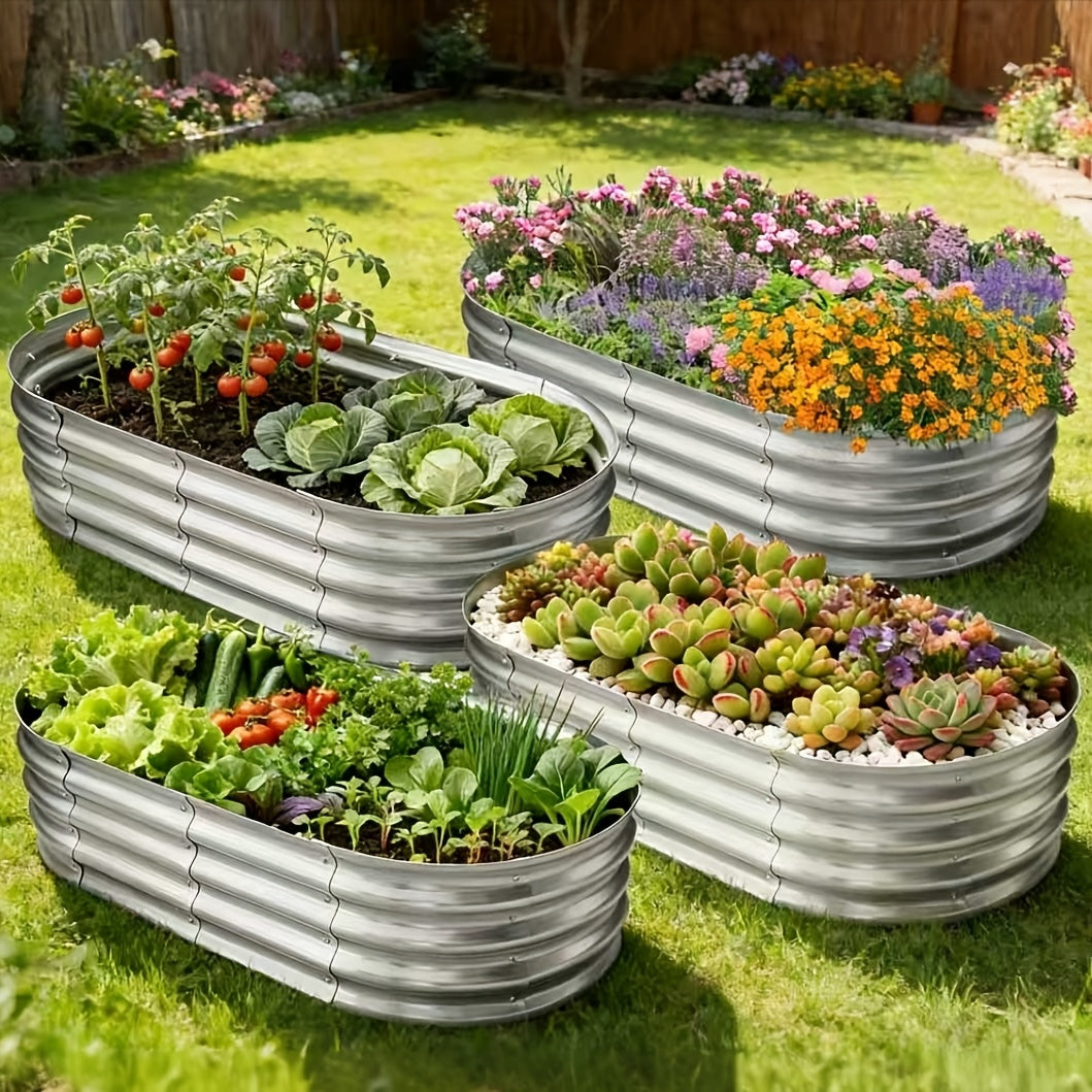 Galvanized Vegetable Garden Bed Set with Oval Metal Planter Design, Outdoor Raised Planting Boxes in Single and Multipack Options for Backyard Gardening