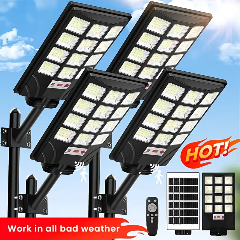 Solar Street Flood Lights, Two- or Four-Pack Outdoor LED Options with Selected 92LED Labels, Listed 6500K Light, Motion Sensor and Remote Control