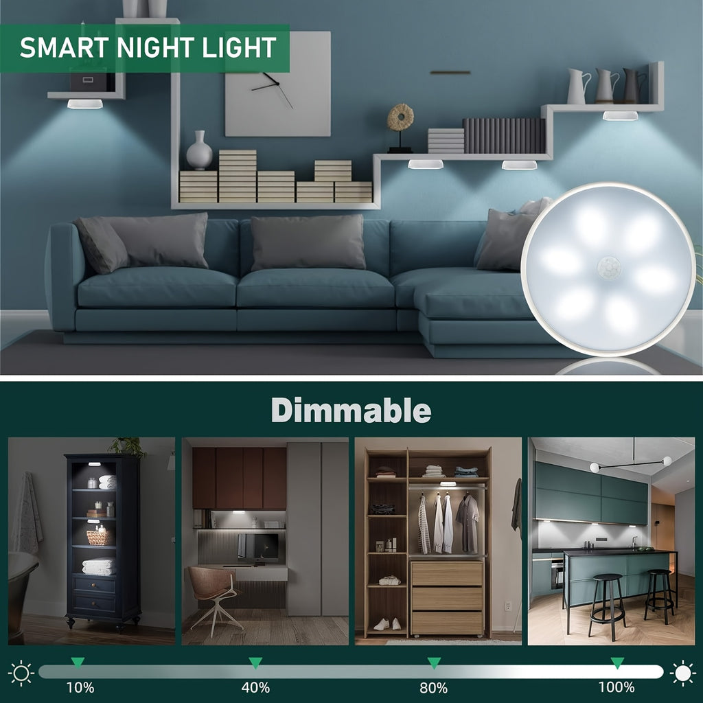 Dimmable Motion Sensor Night Lights, Six-Pack Bright White or Warm White LED Options with USB Rechargeable and Magnetic Mounting References for Indoor Spaces