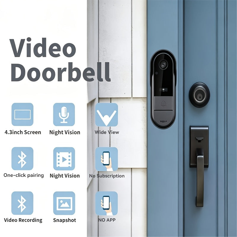 Indoor Monitor Video Doorbell with Listed 4.3-Inch Screen, Two-Way Talk and Infrared Night Vision, Black Wireless SD Card Options and Separate WiFi Style