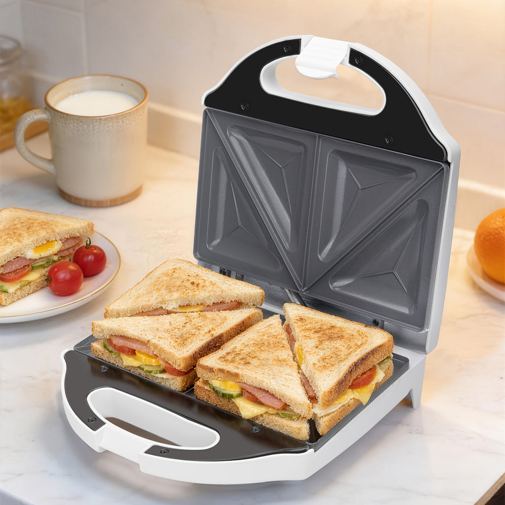 Panini Press Mini Sandwich Maker in White with Ceramic-Coated Nonstick Plates, Two-Slice Bread Format for Grilled Cheese, Breakfast Sandwiches and Melts