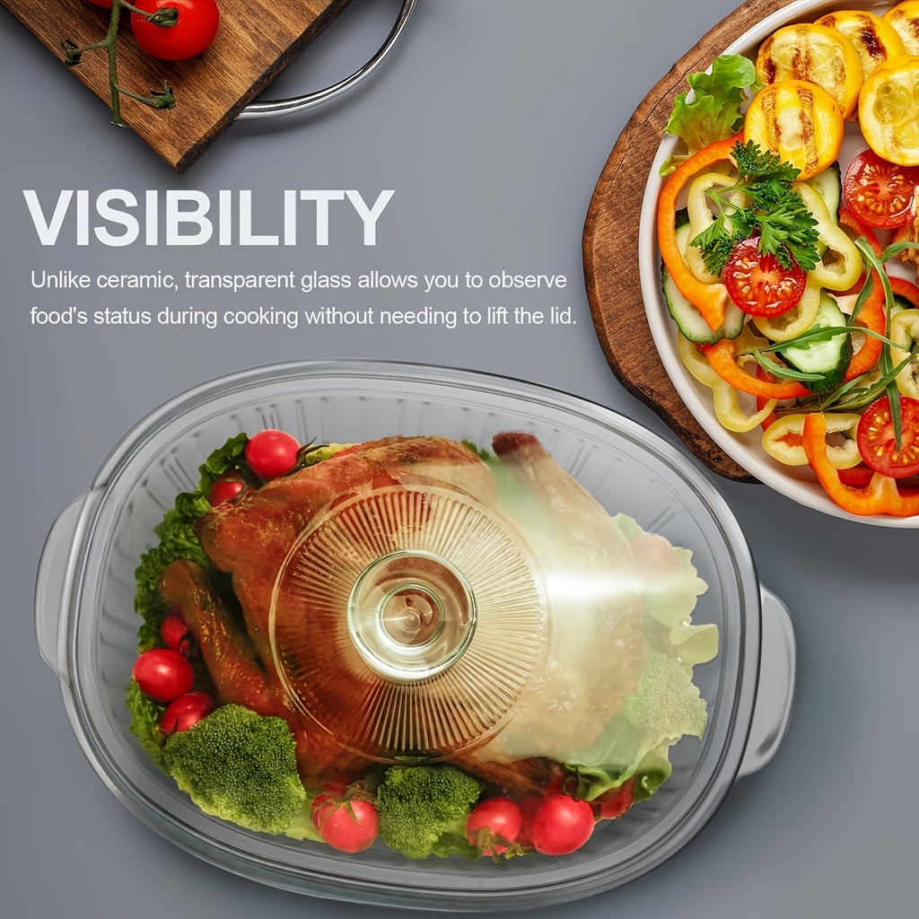 Oval Glass Baking Dish with Lid in 50oz or 85oz Sizes, Deep Transparent Borosilicate Cookware for Pasta, Casseroles, Chicken and Holiday Desserts