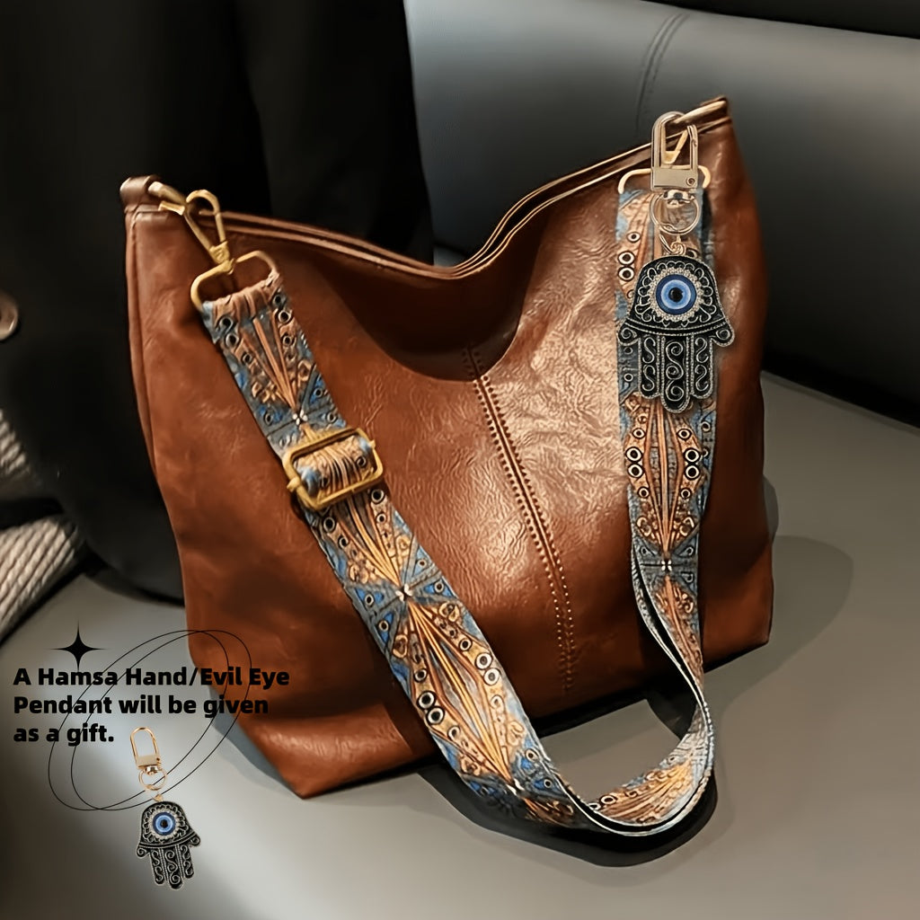 Bohemian Hobo Crossbody Bag for Women with Geometric Strap and Hamsa Hand/Evil Eye Pendant, Large-Capacity Retro Shoulder Handbag in 11 Colors