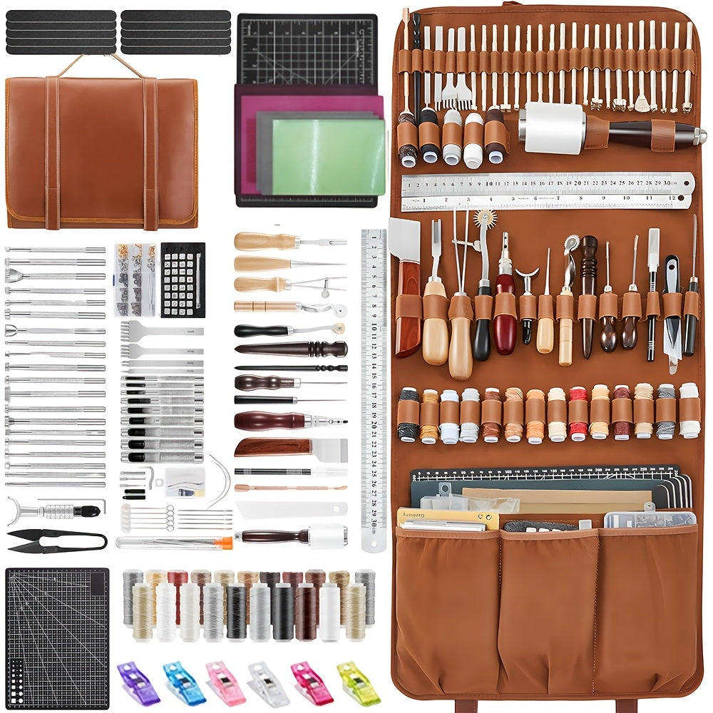 Leather Tooling Kit by AUXTUR with Cutting Mat References, Engraving, Punching, Hand Sewing, Stamping and Sanding Tools for DIY Leather Craft Projects