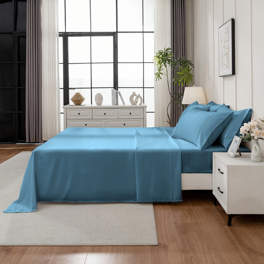 Flat and Fitted Sheet Set with Two Pillowcases, Four-Piece Bedding with Listed Extra Deep Pockets and Six Size Labels Including Twin XL for Home Bedrooms