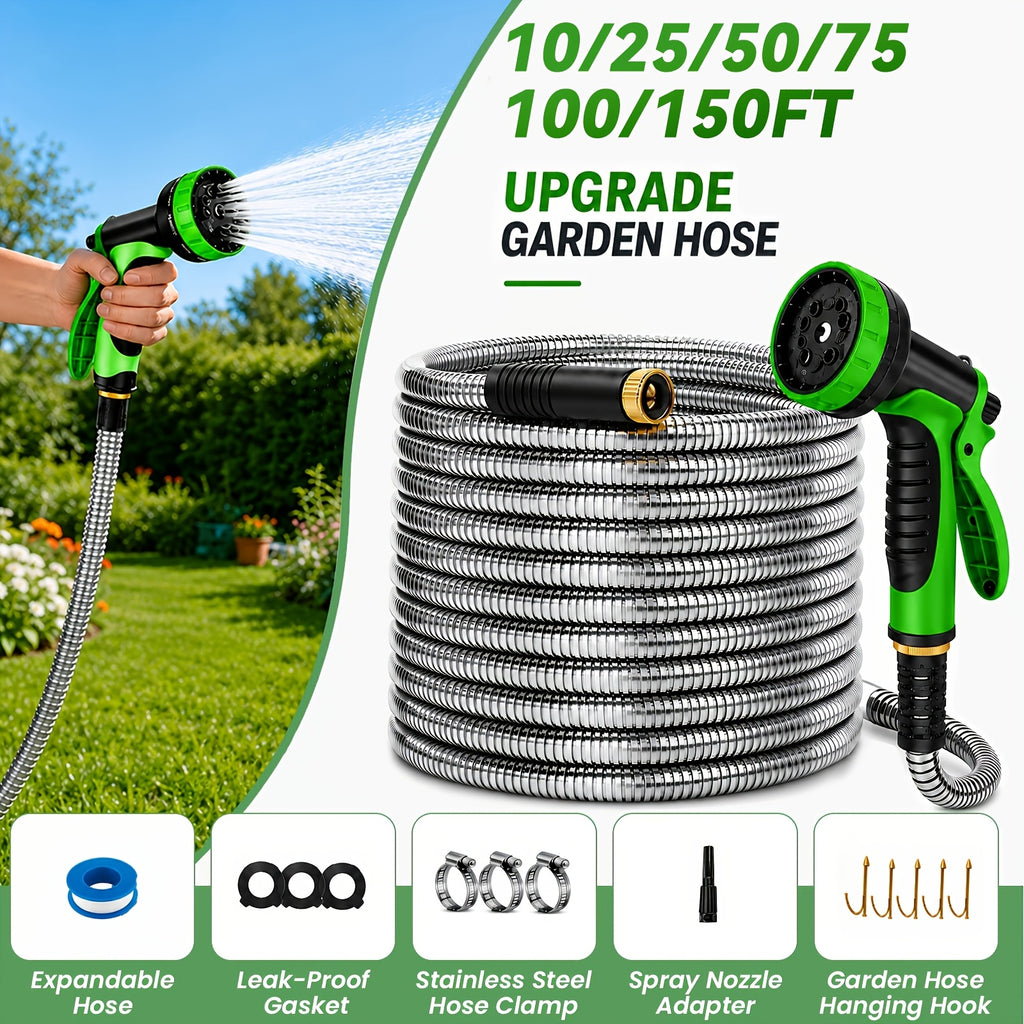Flexible Garden Watering Hose with 25ft to 150ft Length Labels, Orange or Black Green and Selected Nozzle or Accessory Options for Lawn Care and Car Rinsing