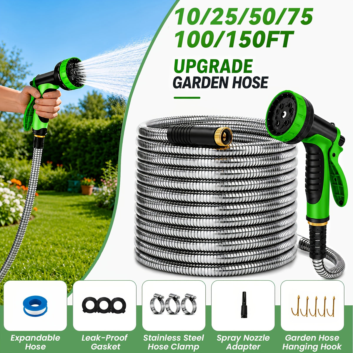 Flexible Garden Watering Hose with 25ft to 150ft Length Labels, Orange or Black Green and Selected Nozzle or Accessory Options for Lawn Care and Car Rinsing
