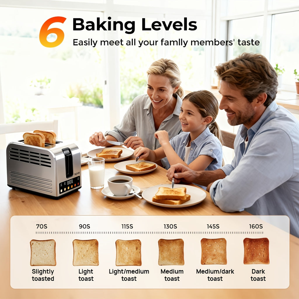 Stainless Steel Smart Toaster by Syvio with Listed Touchscreen Controls, Five Bread Types, Six Browning Levels, Wide Slots and Removable Tray for Breakfast