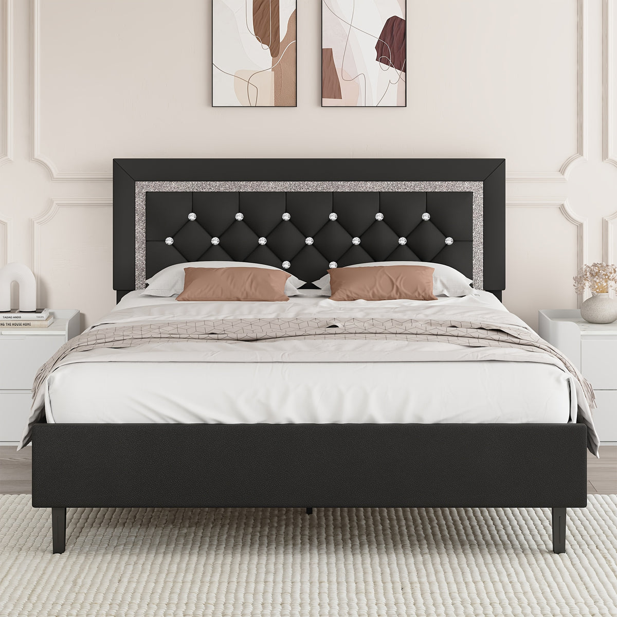 Princess Bed Frame with Diamond Headboard and Wooden Slat Support, Bedroom Furniture in White, Black or Pink with Twin, Full and Queen-1 Size Options