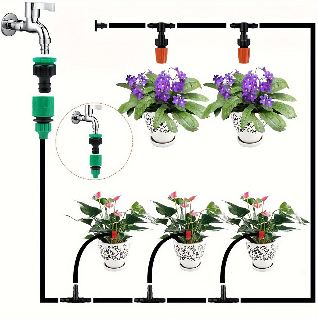 Drip Irrigation Kit with Adjustable Drippers and Spray Nozzle References, Flexible Vinyl Hose in 65ft and 100ft Options for Garden Beds and Patio Plants