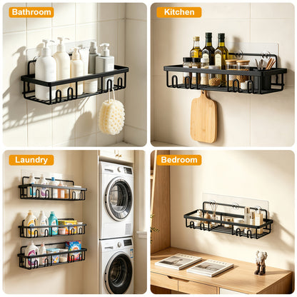 Shower Organizer Set in Black, 6-Piece No-Drill Adhesive Bathroom Racks with Toilet Paper, Soap and Toothbrush Storage and Listed 13-Inch Size