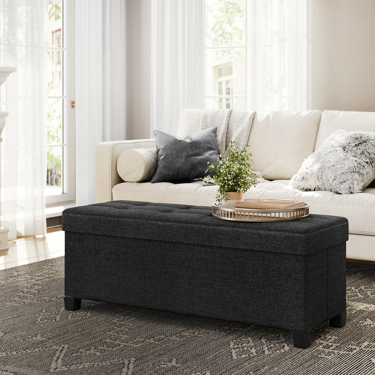 Six-Color Folding Storage Ottoman Bench for Living Room and Bedroom Organization, Camel Brown, Cream White, Gray, Dark Blue or Black with Listed Size Option