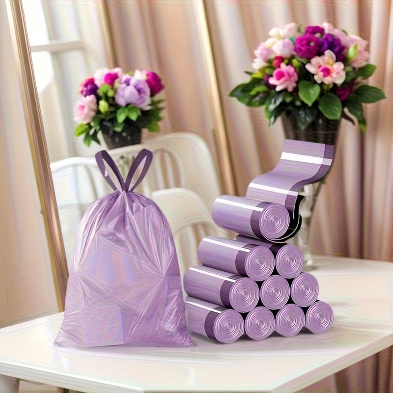 Purple Drawstring Trash Bags, 100-Count Plastic Household Bin Liners with Listed 17.72 x 17.72 Inch Size for Kitchen, Bathroom, Bedroom and Living Room