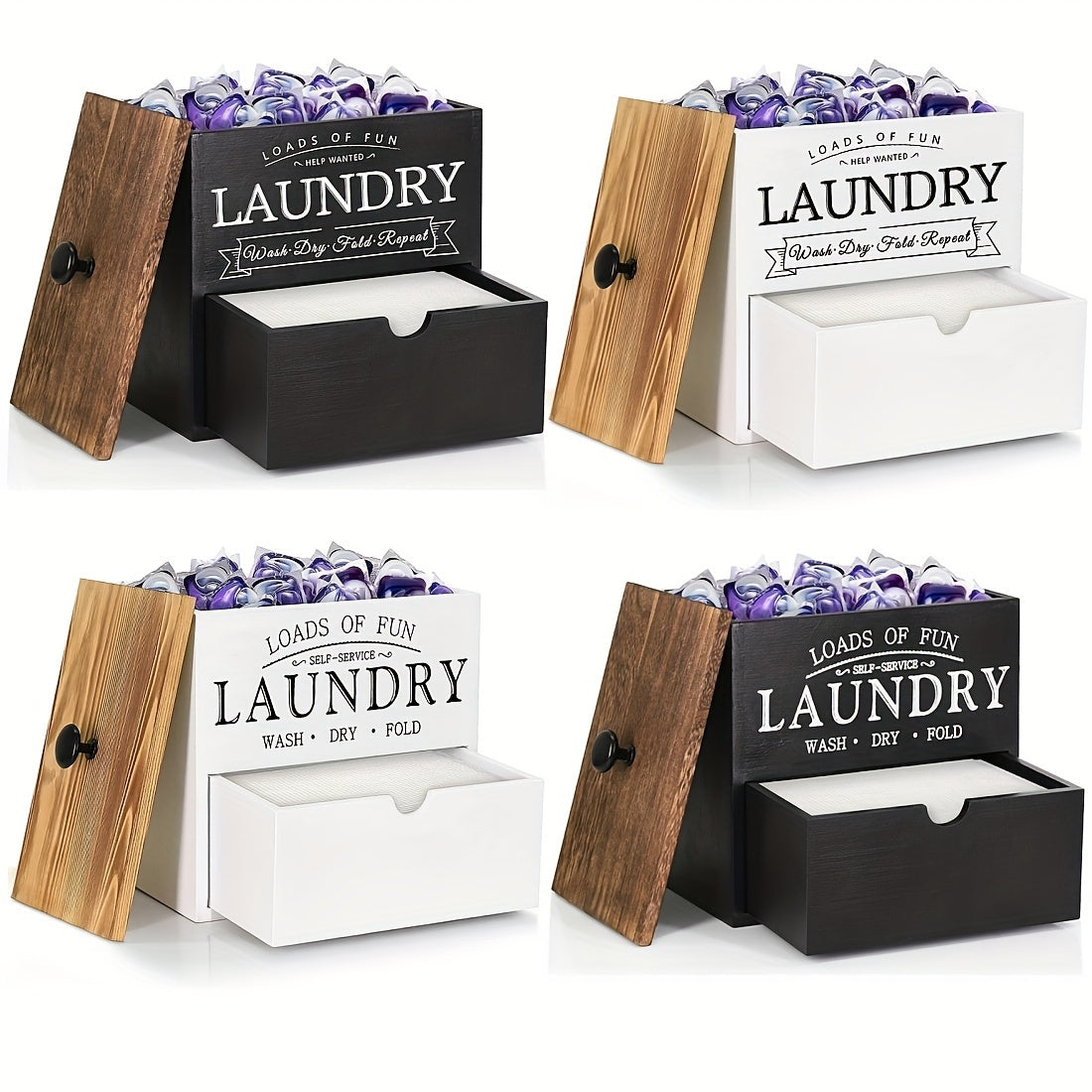 Wooden Dryer Sheet Holder by MONDRAME with Drawer and Lid, Farmhouse Laundry Room Organizer for Wall Mount or Countertop Placement in Black or White Options