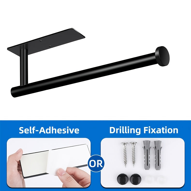 Self-Adhesive Paper Towel Holder in Stainless Steel, Single No-Drill Wall-Mounted Roll Organizer in Silvery or Black for Kitchen and Bathroom Storage