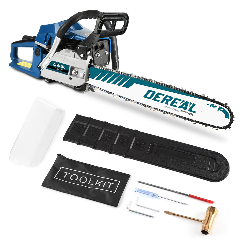 Gas Chainsaw with 62cc Two-Stroke Engine and Listed 20-Inch Bar, Four Color Options with Tool Kit, Oil Can and Bar Cover References for Outdoor Wood Cutting