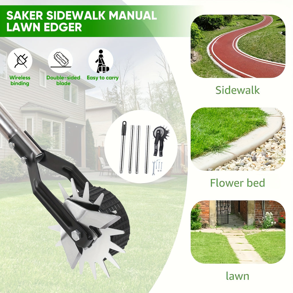 Manual Wheeled Lawn Edger by Sakerplus with Stainless Steel Sectional Handle, Three or Four Pole Sections for Garden Borders and Sidewalk Grass Trimming