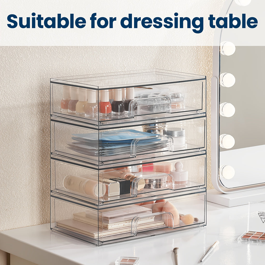 Clear Stackable Storage Drawers in Two-Pack Wide or Four-Pack Wide and High Options, Acrylic Desk Organizers for Office Supplies, Vanity Items and Art Materials