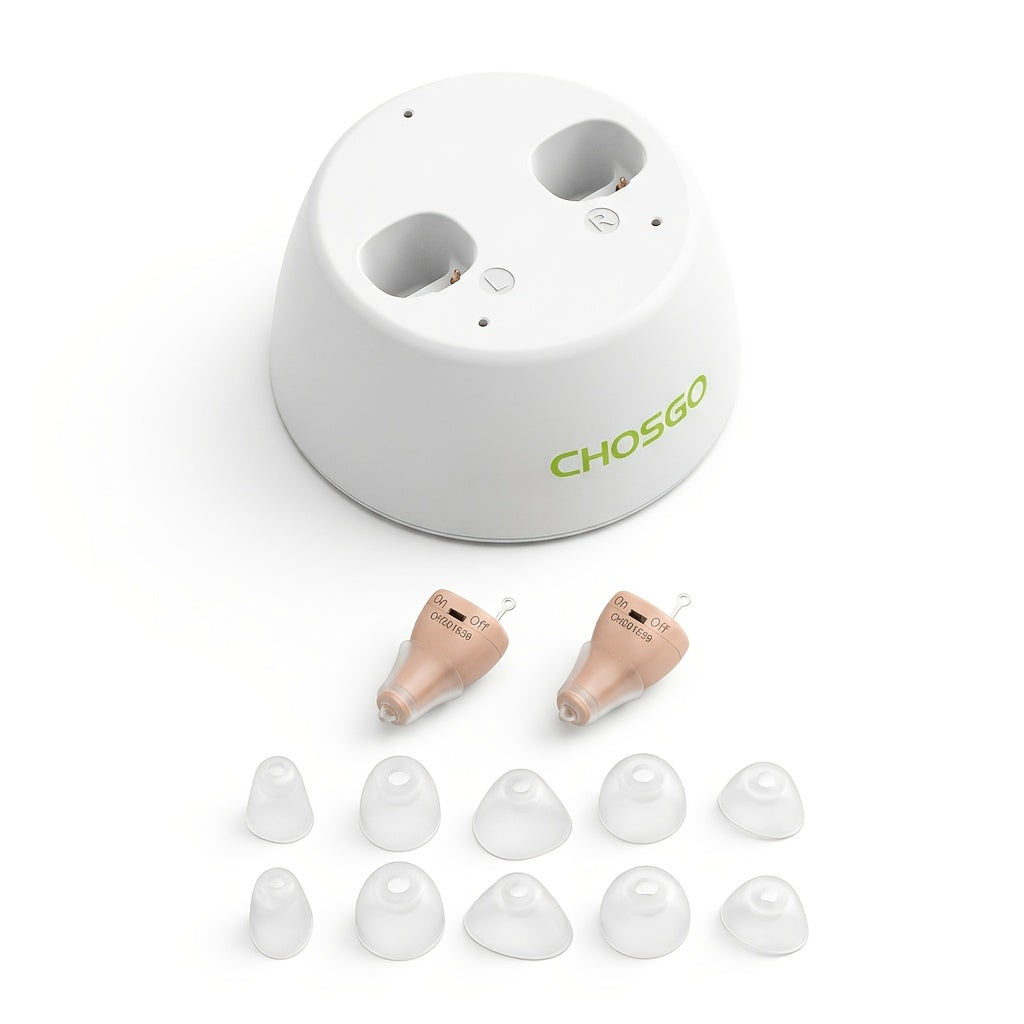 CIC Rechargeable Hearing Aids, Listed One-Pair In-Ear Devices with Adjustable Volume and Noise Reduction in Beige, RedBlue or Black Color Options for Adults