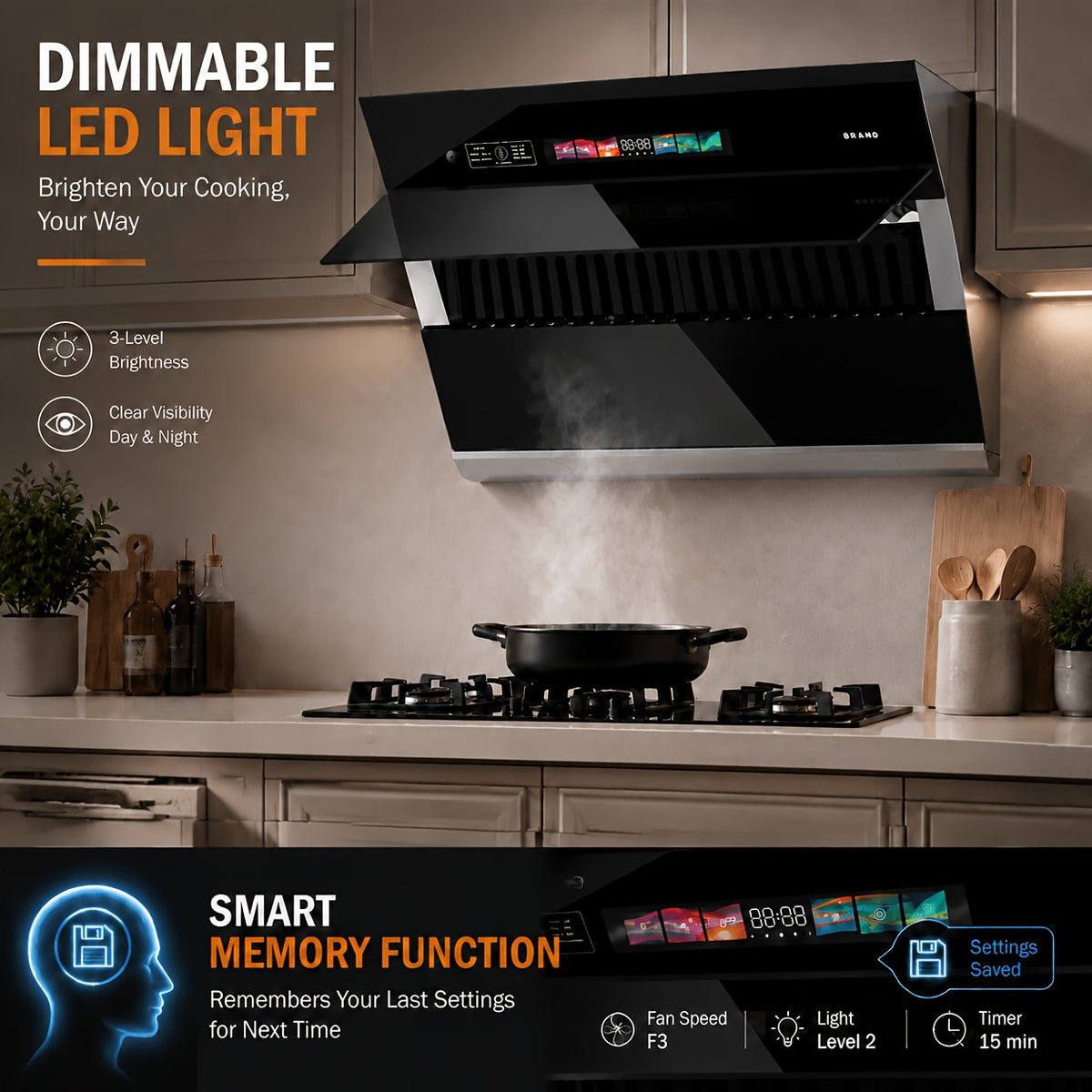 Under-Cabinet Side-Draft Range Hood by BRANO with Voice, Gesture and Touch Controls, Four Fan Speeds and Stainless Steel Filters, 30 or 36 Inch Options