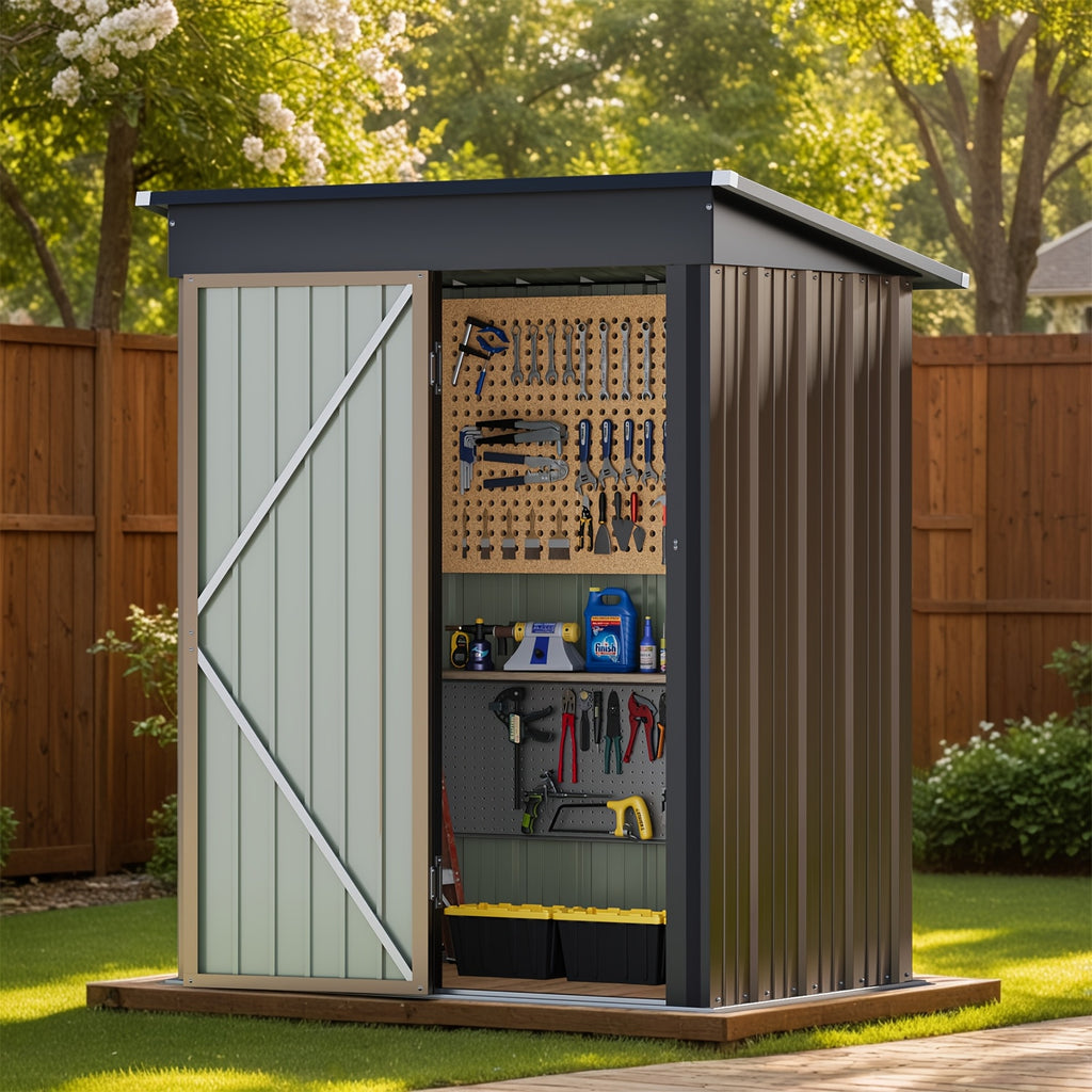 Outdoor Metal Tool Shed in Listed 5 x 3 FT Size, Garden Storage Building with Single Lockable Door and Sloping Roof, Brown, Grey or White Model Options