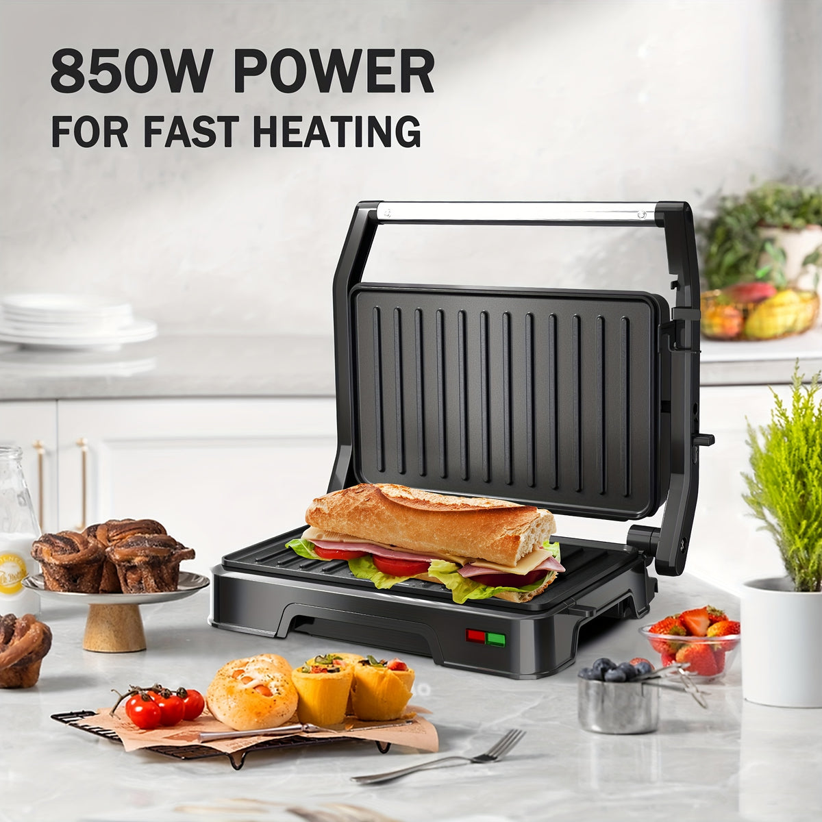 Two-Slice Panini Grill Press in Black with Listed 850W Heating, Nonstick Plate Design and 180-Degree Opening for Sandwich Toasting and Home Kitchen Cooking