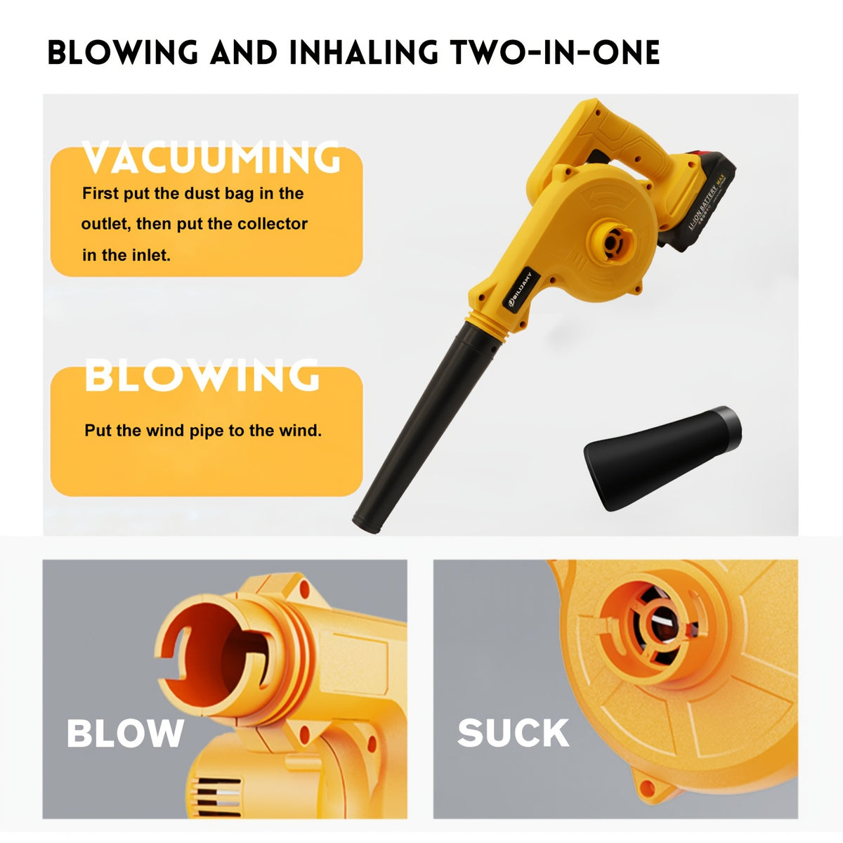 Portable Battery Leaf Blower, Yellow or Black Cordless Handheld Yard Tool with One- or Two-Battery Configurations and Selected Seven-Piece Sets for Leaf Cleanup