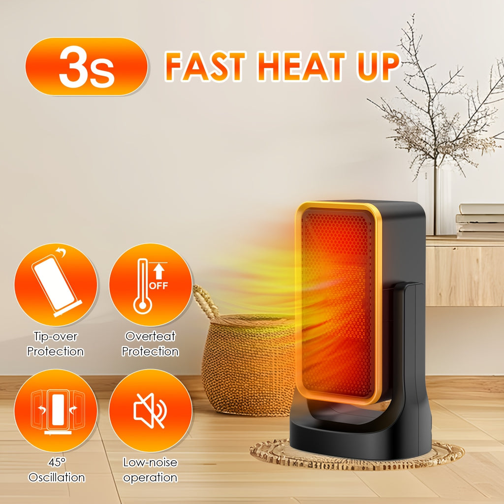 Compact Indoor Heater with Listed PTC Ceramic Heating, Thermostat and Three Fan Speeds, White or Black 500E and 1500 Option Labels for Supervised Room Warmth